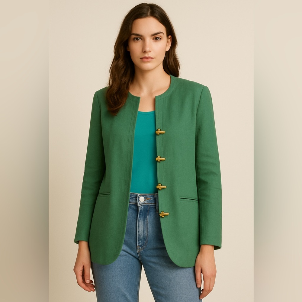 Vintage Constance Saunders Green Linen Blazer – Gold Toggle Buttons – 1980s